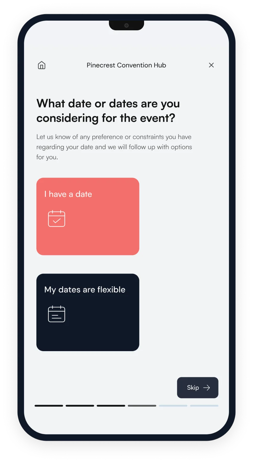 Paloma booking widget on a phone asking a guest which date they are considering for their event, with options for a set date or flexible dates