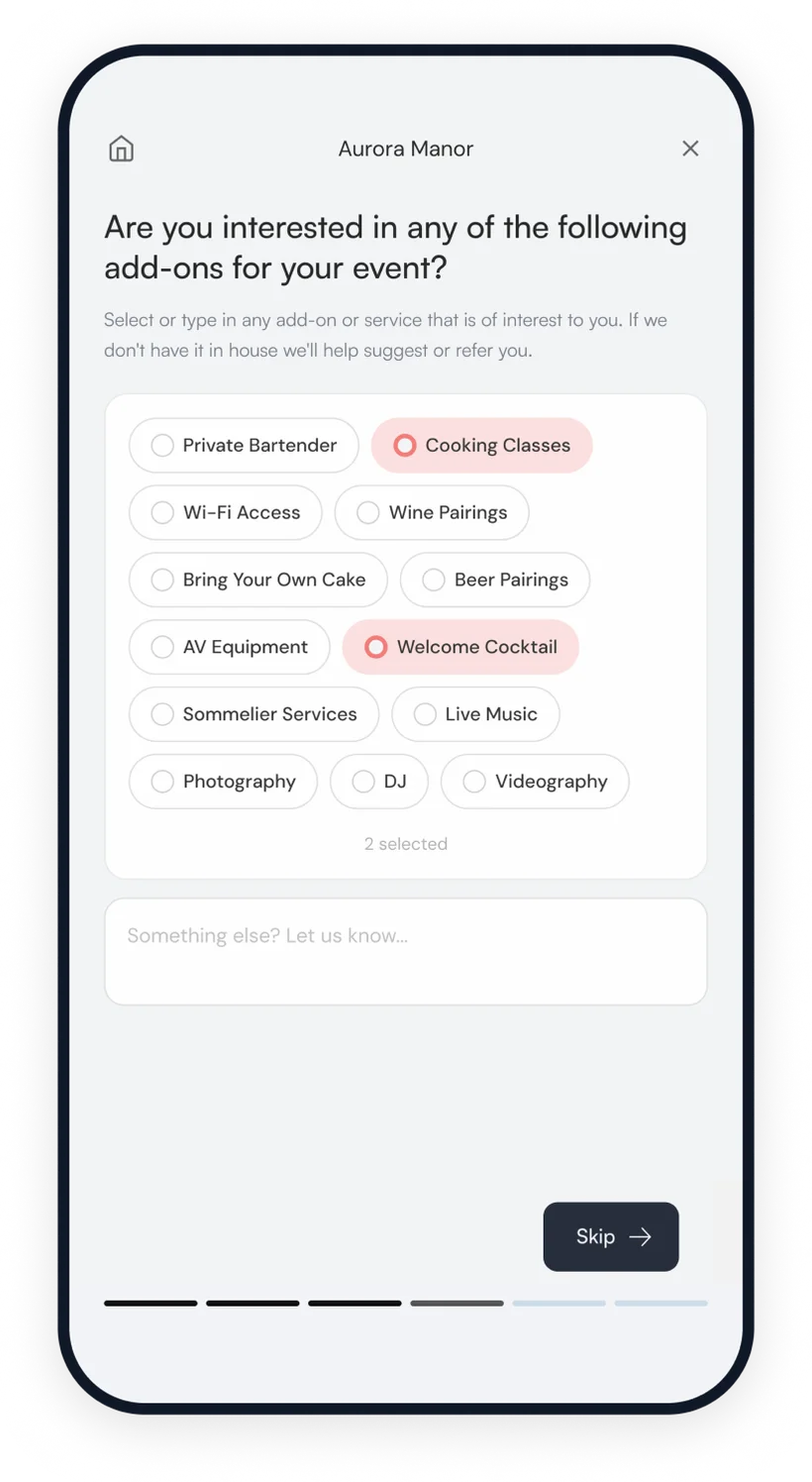 Paloma booking widget on a phone asking a guest to pick event add-ons such as a private bartender, wine pairings, live music and photography
